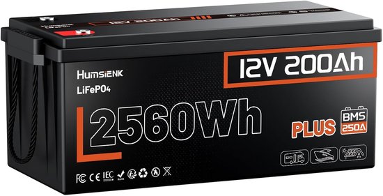 LiFePO4 12V 200Ah batterij 3200W continu, 2560Wh accu, IP65 waterdicht, 6000+ cycli, camper, boot, off-grid