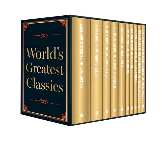 Boekenset 'World's Greatest Classics' met gouden ruggen, titels en auteursnamen. De set bevat o.a. 'Sense and Sensibility' en 'Frankenstein'.