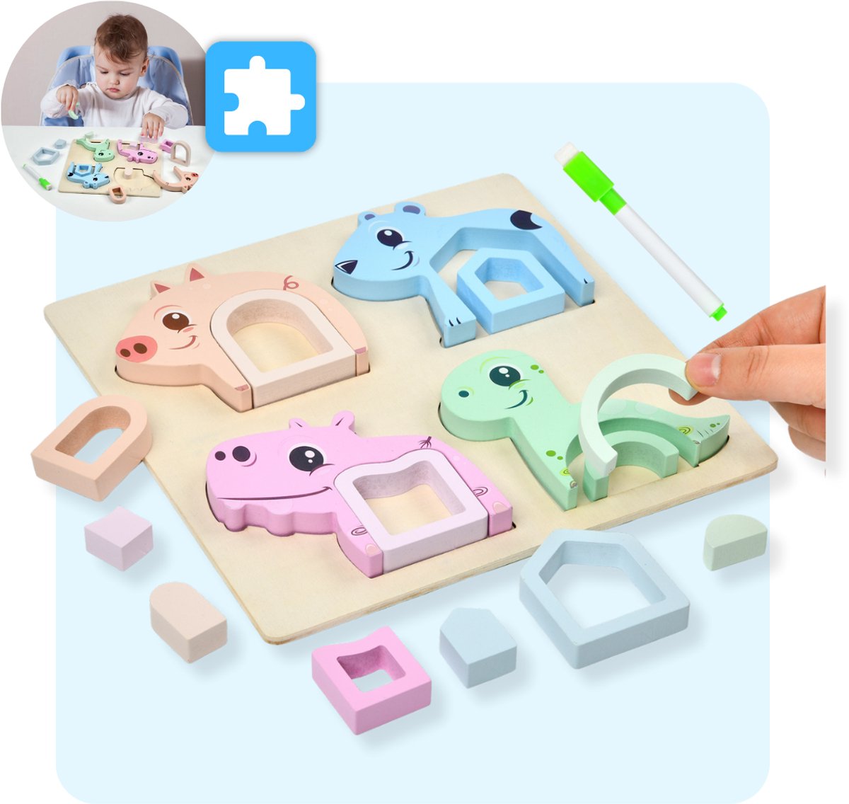 Mauzek® Vormenpuzzel Dieren - 4 in 1 - Houten Puzzel - Montessori Speelgoed - Sorteerspel - Sorteer Speelgoed - Sensorisch Speelgoed - Houten Speelgoed - Educatief Speelgoed - Peuter Speelgoed - Jongens - Meisjes - 3 jaar - 4 jaar - 5 jaar - 6 jaar