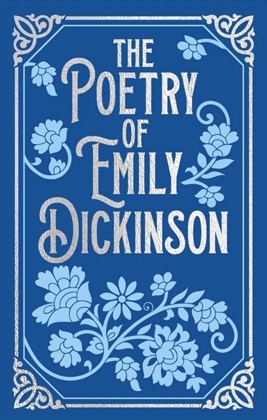 Boek "The Poetry of Emily Dickinson" met een blauwe omslag en zilveren sierlijke letters en bloemmotieven.