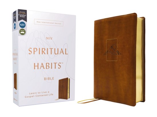 NIV Spiritual Habits Bijbel in bruin leersoft met een gegraveerde figuur op de voorkant en een leeslint.