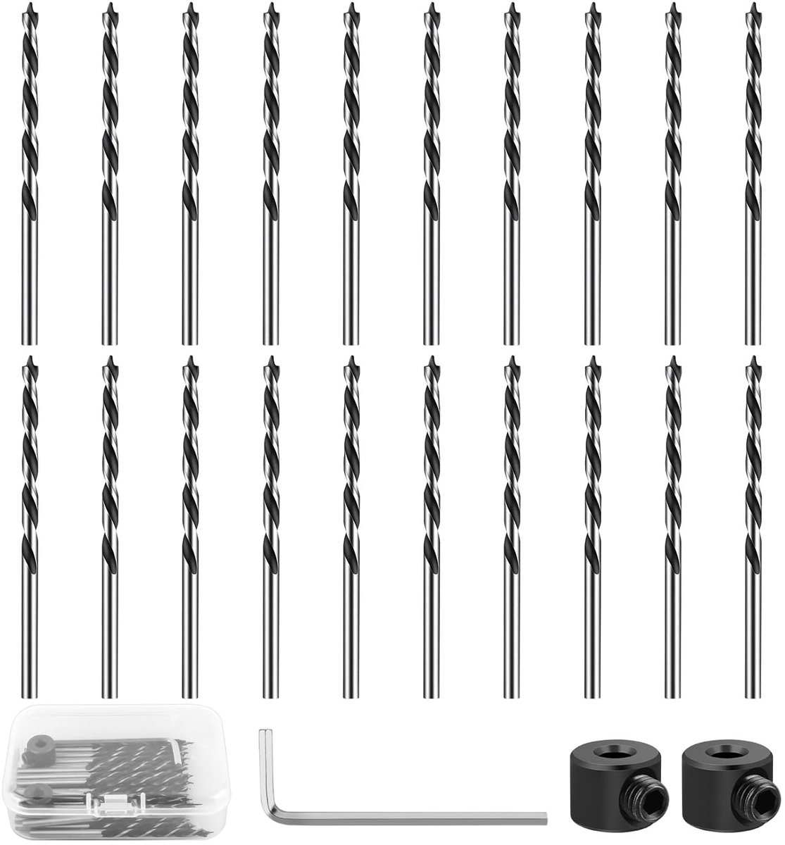 Set van 20 Houtboor Bits van 3 mm in Carbon Staal voor DIY Houtbewerking, Graveren en Boren met Hexaansluiting en Bevestigingsring