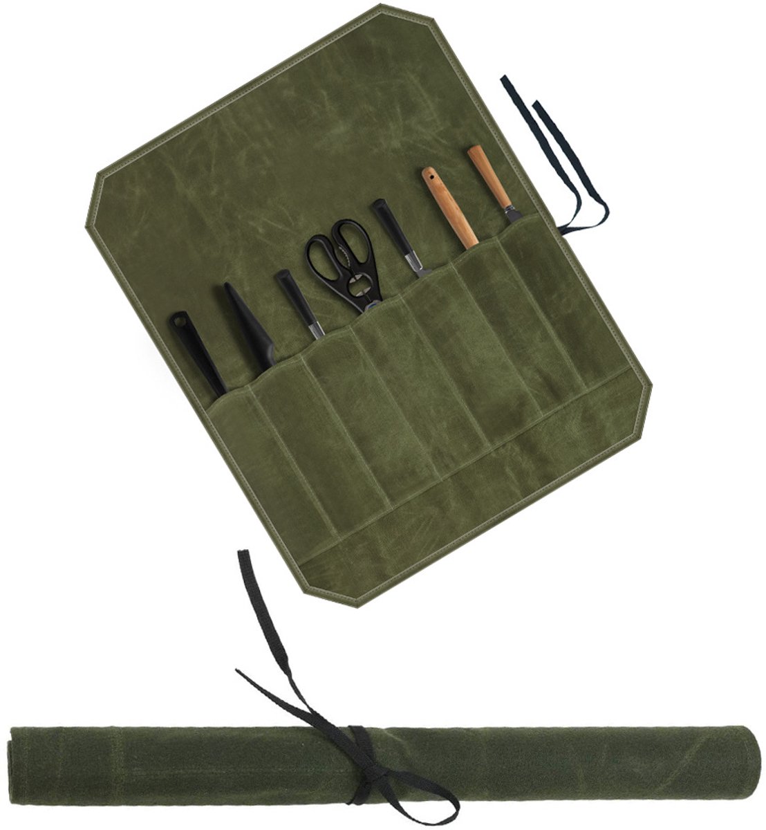 Aventrix Messentas Koksmessen – Messenrol Opbergtas – Chef Knife Roll Bag – Waxed Canvas – Waterafstotend – Draagbaar met band