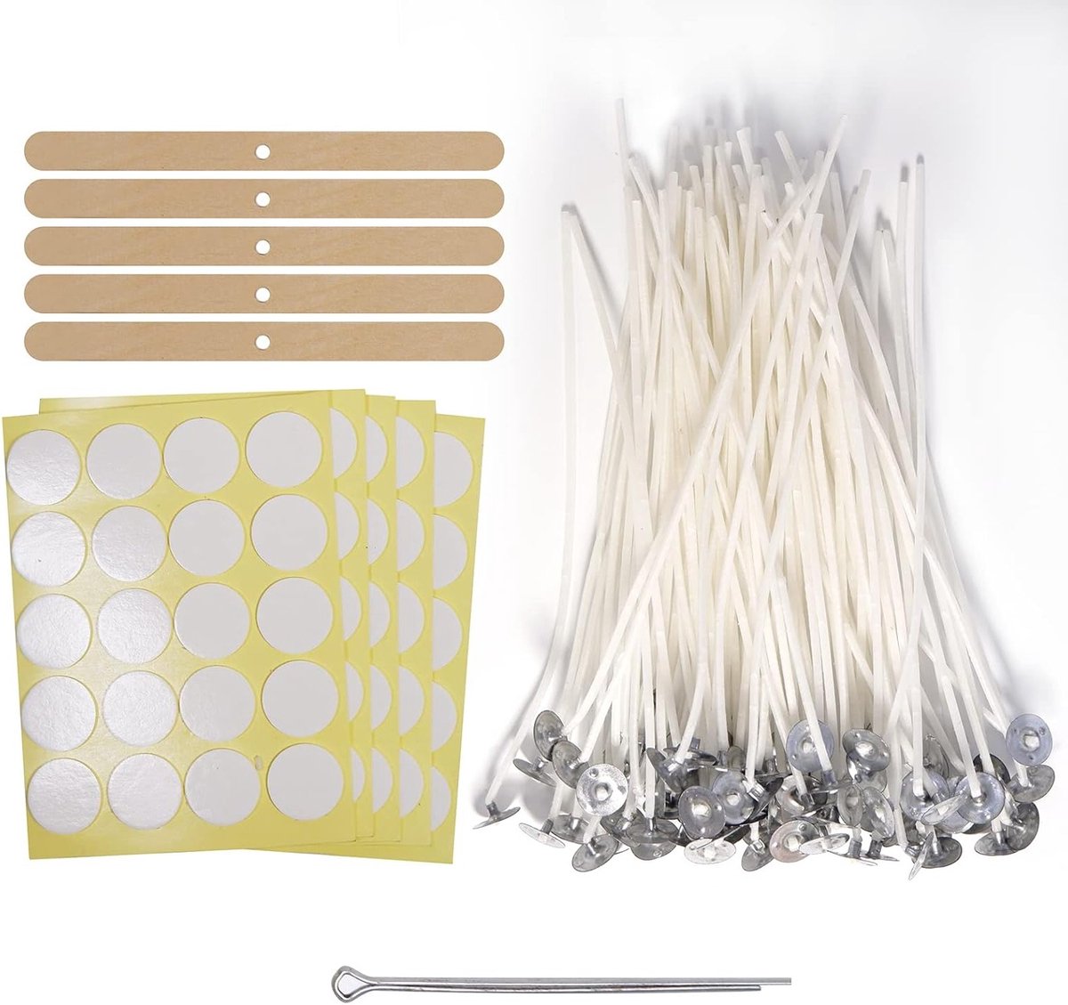Candle Wicks Set van 100 Stuks met 15 cm Lange Katoenen Lonten, Kaarsen Stickers en Metalen Basis voor DIY Kaarsen Maken
