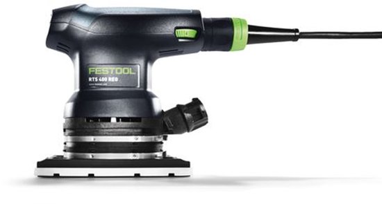 Zijaanzicht van de donkerblauwe Festool RTS 400 REQ schuurmachine.