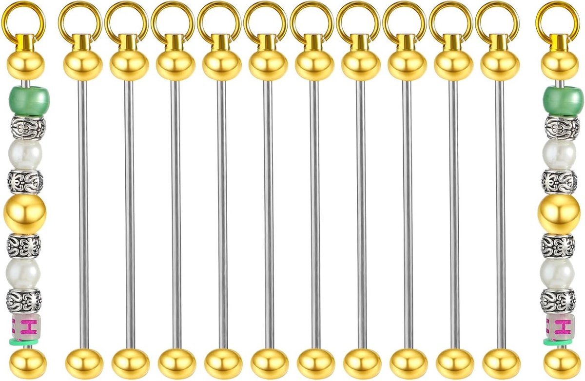 Set van 10 Sleutelhangers met Parels, Metalen Kralen en Lege Sleutelhanger Strips voor DIY Creaties en Sieraden Maken in Goud