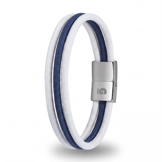 Bracelet cordon blanc et bleu marine avec fermoir argenté.