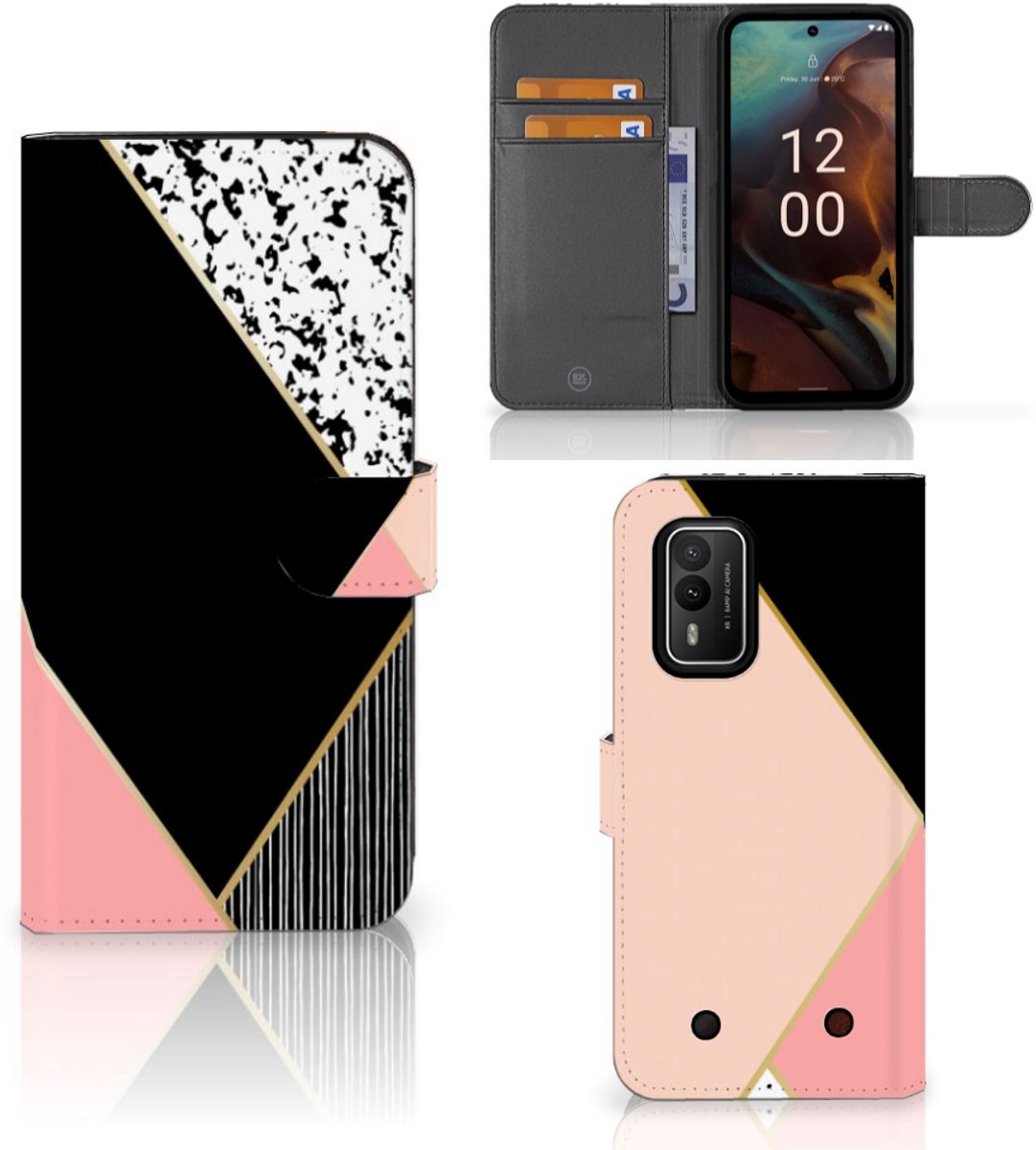 Nokia XR21 Book Case Zwart Roze Vormen