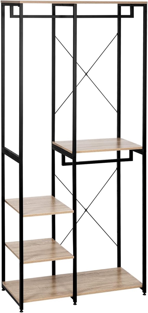 HOMESY Kapstok Kledingkast plank in spaanplaat en stalen,kledingstang Kledingrek met schoenenrek,Zwart+lichteiken