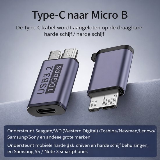 USB-C naar Micro USB-B Adapter – 2 Stuks – Micro B 3.0 / 10Gbps – Verloopstekker voor Externe HDD & SSD Harde Schijf – Geschikt voor WD My Passport & Seagate – Space Grey — afbeelding 5