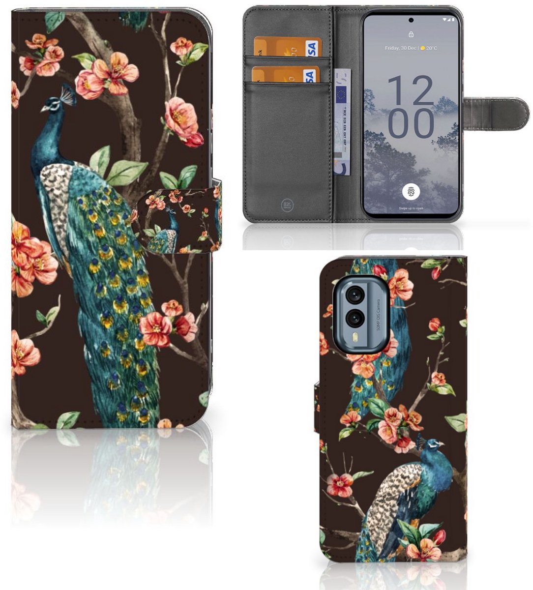 Nokia X30 Telefoonhoesje met Pasjes Pauw met Bloemen