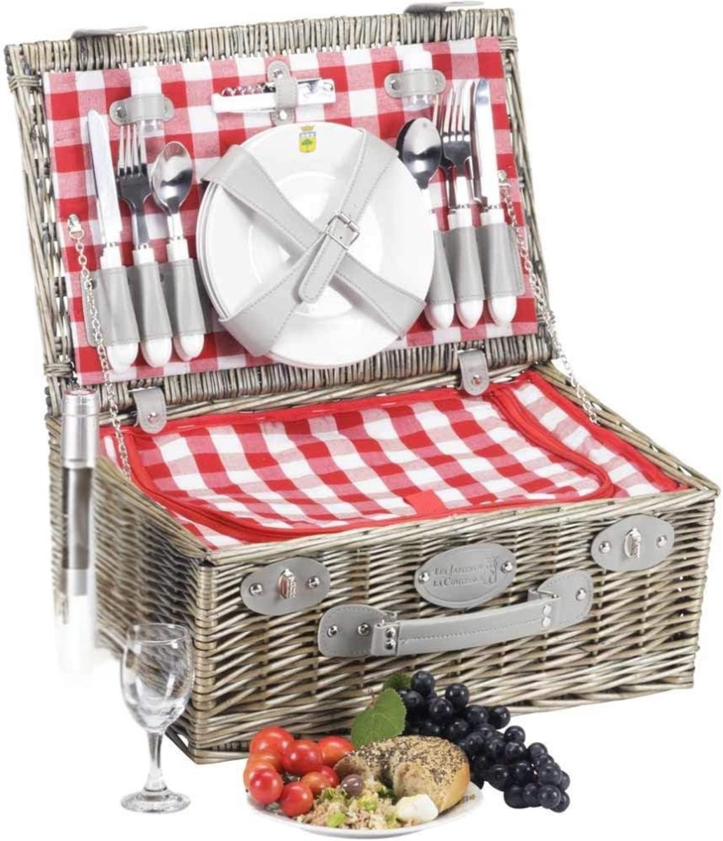 Picknickmand met Koelvak - Picknick Mandje - Boodschappenmand - Fruitmand - Winkelmand - Rieten Mand - Grijs/Rood/Wit - 46 x 31 x 20 cm - van Imperatoris