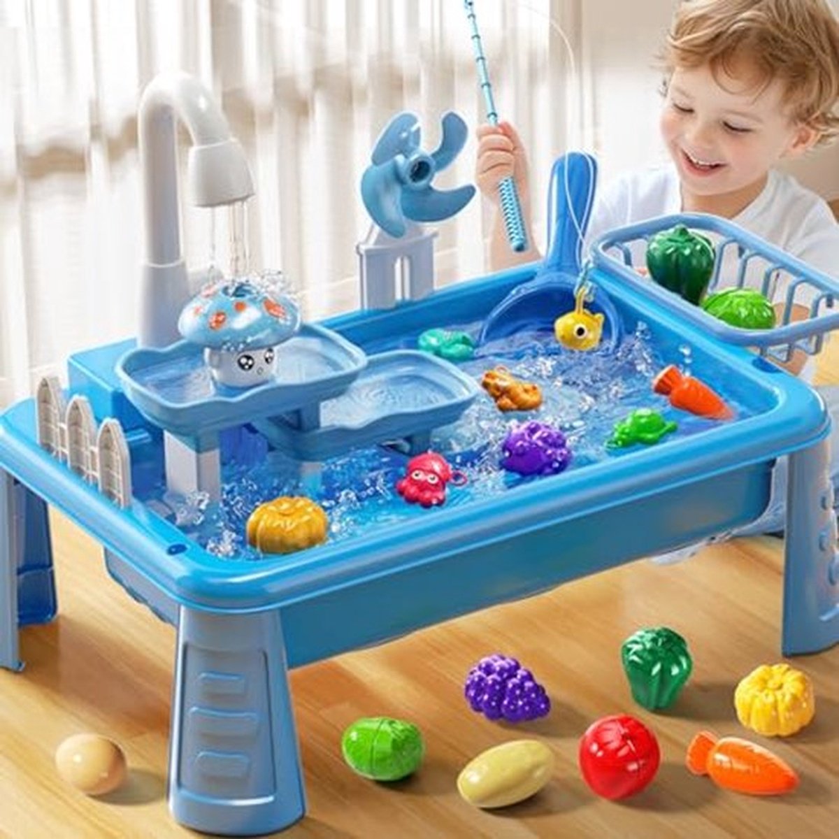 Aanrechtspeelgoed voor peuters 3-5 - Speelgootsteen met stromend water - Watertafel voor kinderen van 4-8 jaar - Visspel - Strand Buitenspeelgoed Doen alsof rollenspel speelgoed voor jongens meisjes- blauw