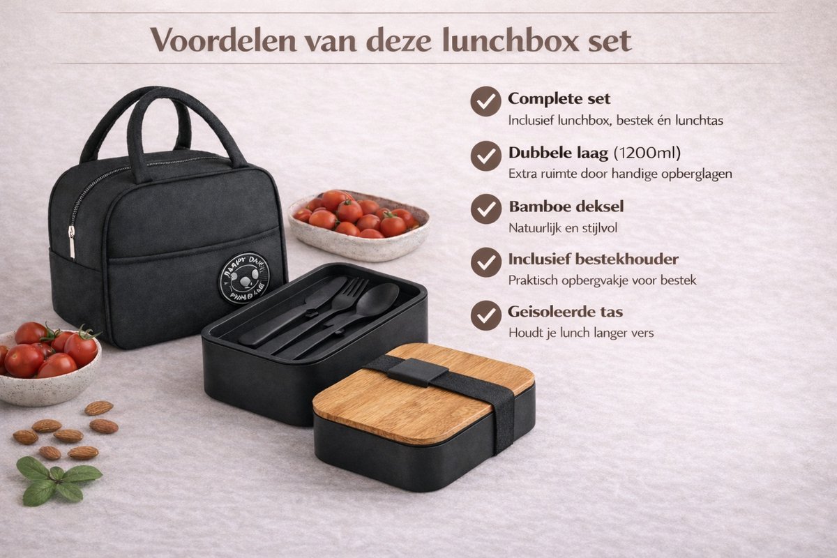 Lunchbox Set met Tas – 2 Laags Lunchbox (1200 ml) met Bamboe Deksel & Bestek – Inclusief Geïsoleerde Draagtas – Zwart — cadeau in Koken & Dineren - foto 4