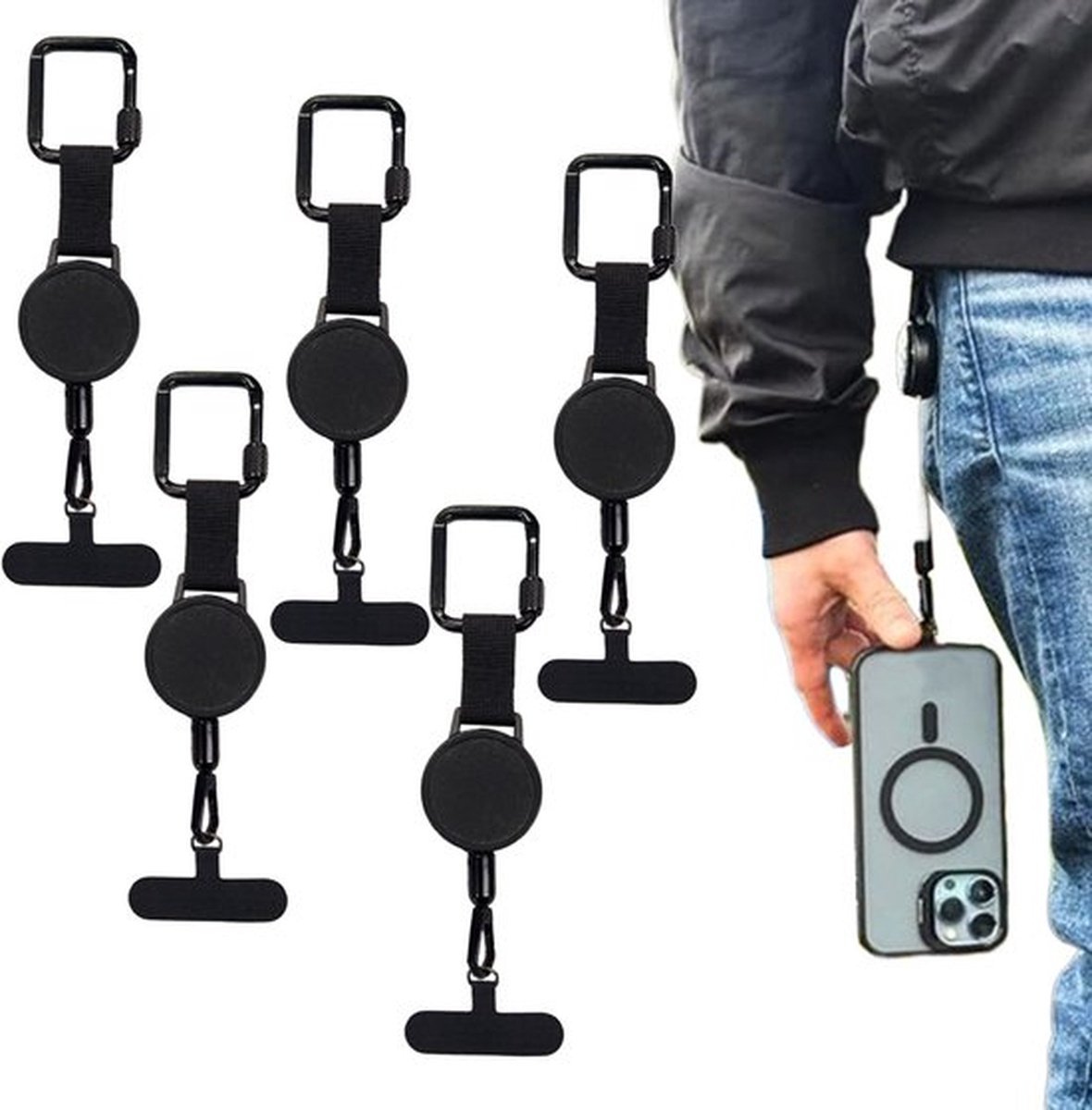 5 stuk intrekbaar antidiefstal telefoonkoord voor buiten - Duurzame, intrekbare antidiefstal telefoonhouder, lichtgewicht koordhouder met veilige clip, draagbaar bevestigingssysteem voor reizen, wandelen en klimmen