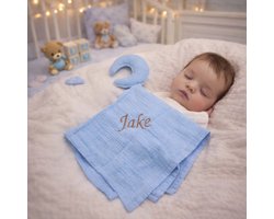 Kraamcadeau voor jongen met naam - Hawsaz.nl cadeau - knuffeldoekje 1 stuk baby blauw - Baby knuffel - Babygeschenk - Babycadeau - Babyshower - Geboortecadeau - Maan - Baby kado - cadeau met naam - Babygeschenkset - Gepersonaliseerd