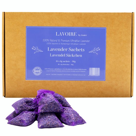 Lavoire 16x6g Lavendel Geurzakjes – Mottenballen - Natuurlijke Motten Bestrijding - Anti Motten - Mottenval - Kledingsmotten - Langdurige Geur, Duurzaam & Kalmerend - 100% Gedroogde Lavendel voor Kleding, Textiel & Auto