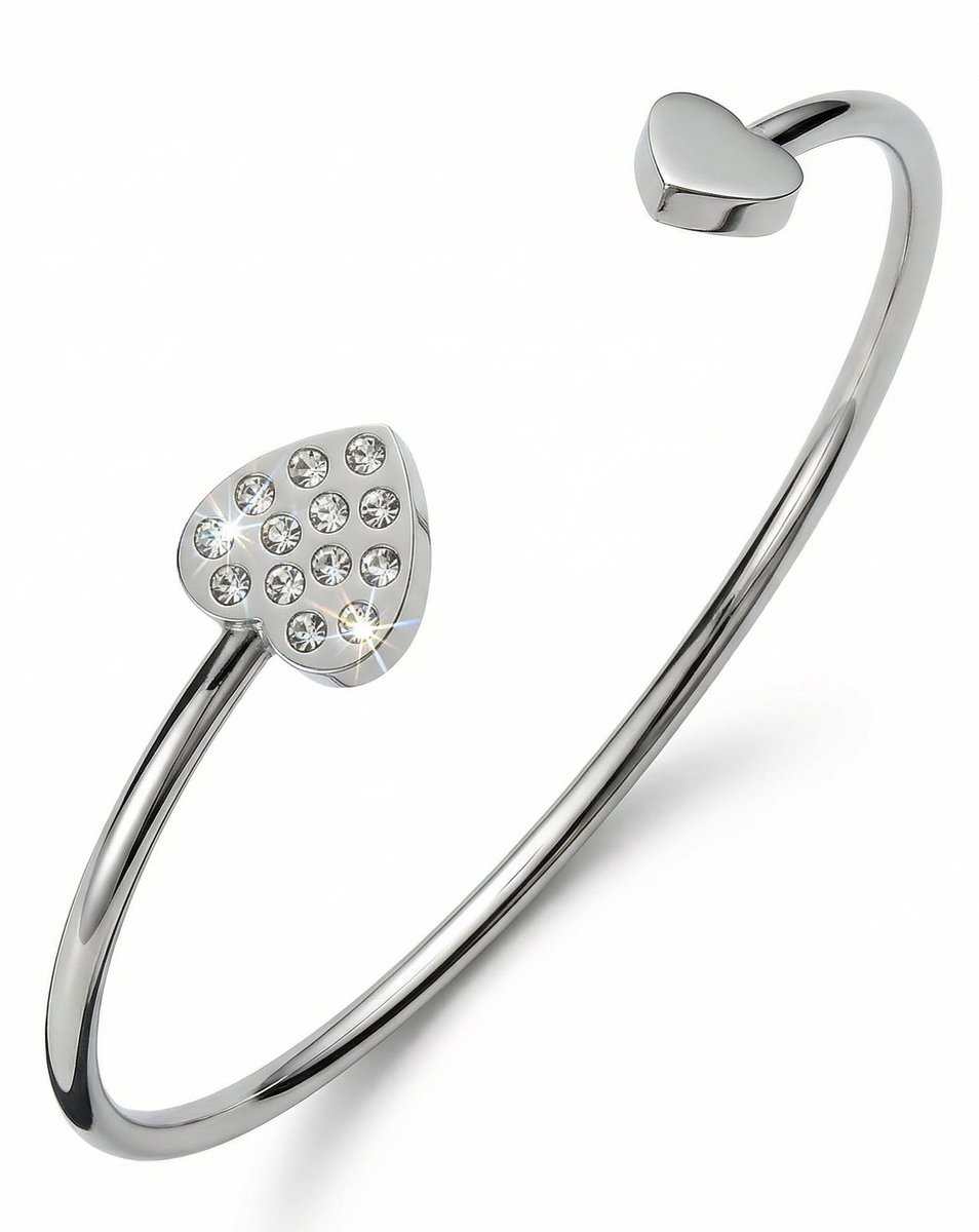 Armband Dames – Bangle Armband Hartjes – Zilverkleurige Armband Dames – RVS Armband Met Zirkonia – Luxe Dames Armband – Sophie Siero®