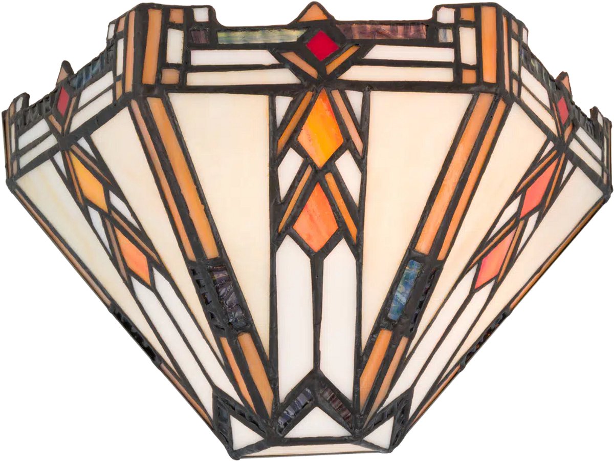 Tiffany wandlamp Art Deco - Crème-oranje - B 25 cm - Glas in lood - Warm licht - Muurlamp - Geometrisch | RORUVERA
