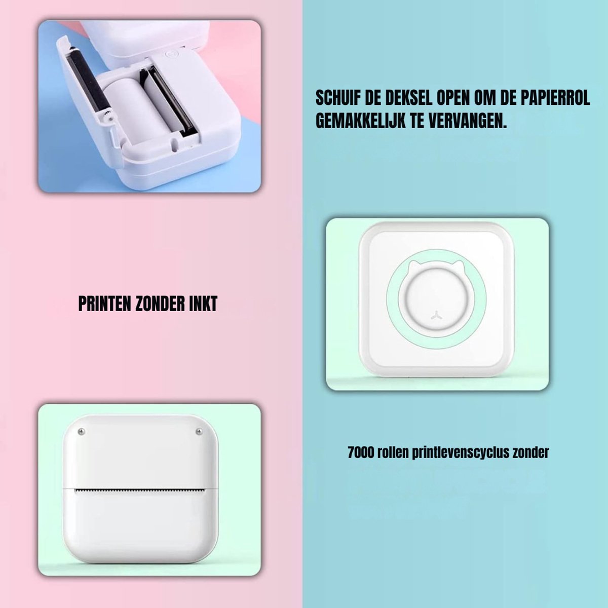 Aura® Mini Printer – Inclusief Thermisch/Zelfklevend/Etiket-Papier, USB-kabel, Aquarelpen, Transparant Sticke – Foto Printer Draadloos – Mobiele Fotoprinter - Wit/Mintgroen - 10cm x 10cm x 4cm thumbnail 7