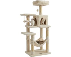 MAZAZU Krabpaal met Hangmat & Huisje - Middelgroot - Zacht Pluche - Beige - Stabiele Klimboom met Sisal Krabstammen & Speelballetjes 55x45x143