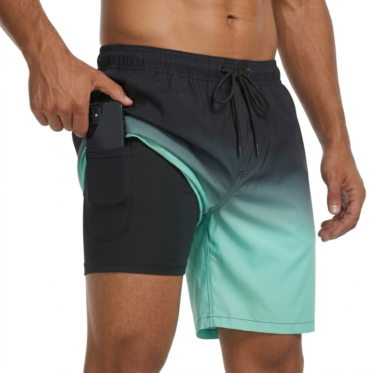 Zwart turquoise heren zwembroek met kleurverloop – heren zwem short met elastische tailleband en zwart trekkoord – strand zwembroek met binnenbroek en telefoon zak – sneldrogende zwem short voor strand en zwemmen – maat M