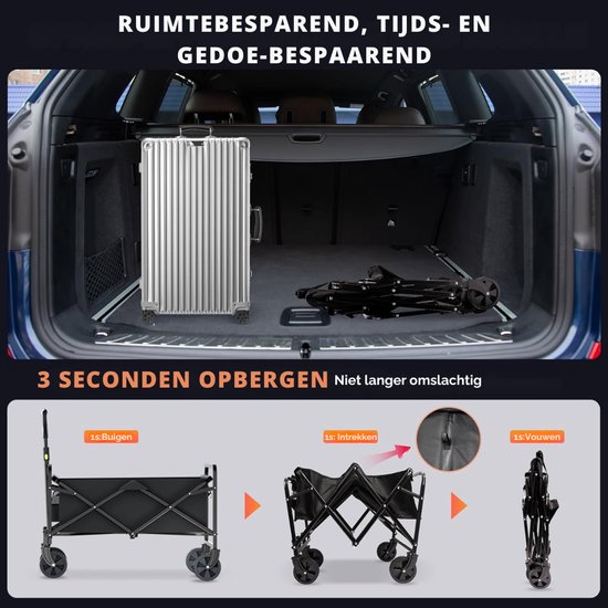 SNJY® Bolderkar Opvouwbaar - Strandkar - Boodschappenkar - Tot 120 KG - 72D x 47B x 91H cm - Zwart van Merkloos — afbeelding 4