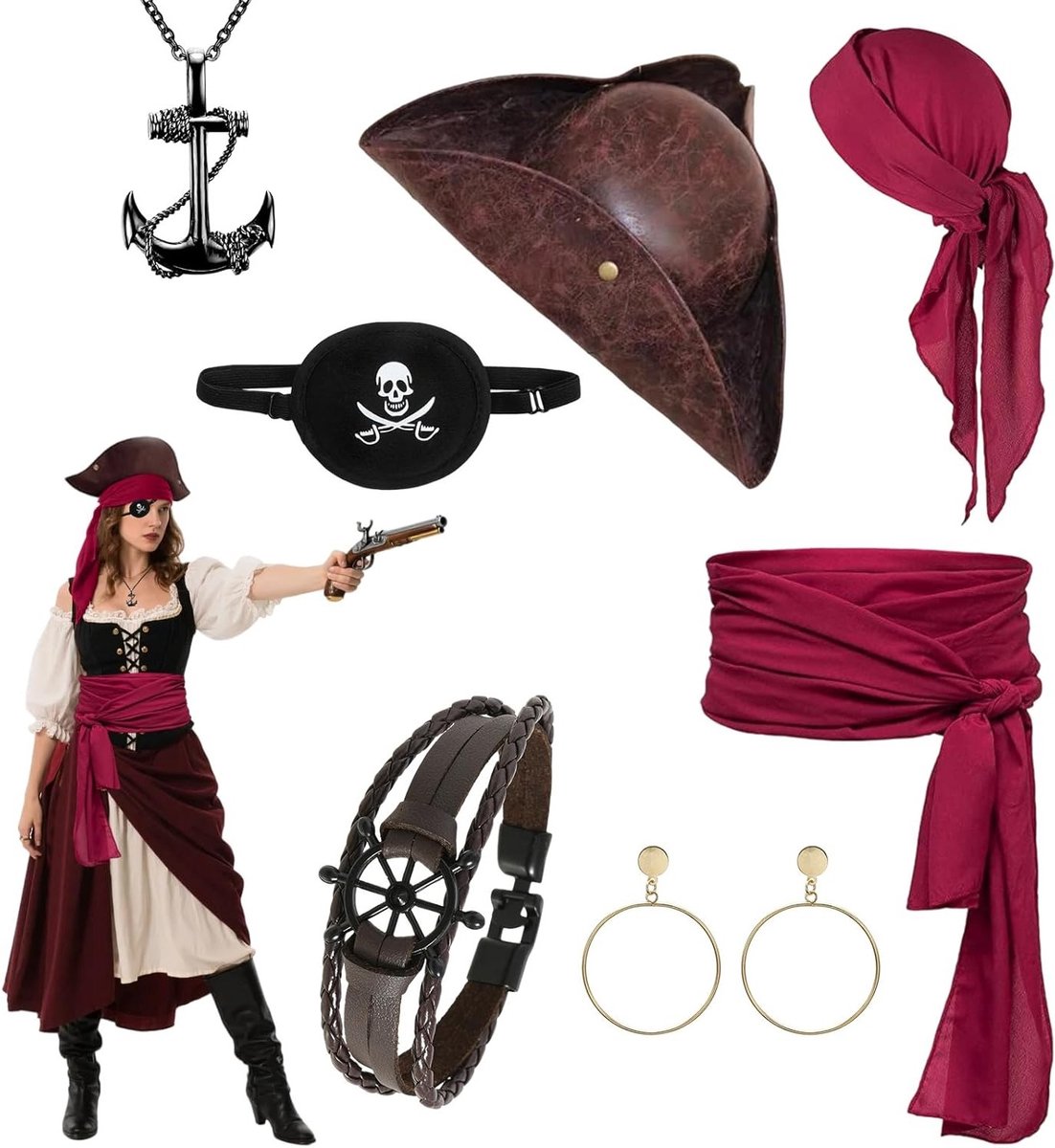 Piratenkostuum voor Dames met Accessoires, Hoofddoek en Middeleeuwse Stijl voor Halloween en Carnaval