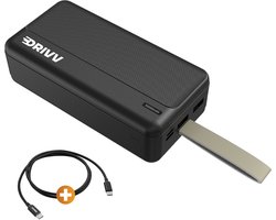 Drivv. Powerbank 30.000 mAh - Inclusief 60W Oplaadkabel - 22.5W Snellaadfunctie - Fast Charge USB 3.0 - USB-C - Zwart - Noodpakket
