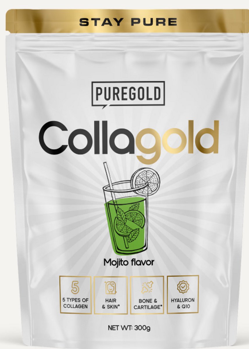 Pure Gold CollaGold- Collageen Poeder- Mojito – 300g – 25 Porties – 5 Types Collageen met Hyaluronzuur, Q10, Vitamine C & Zink