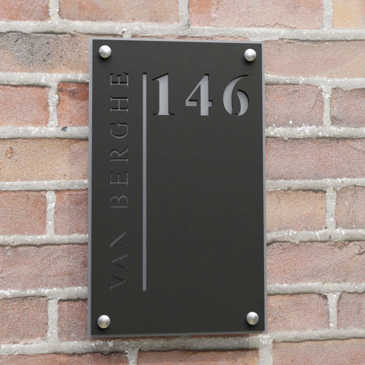 Naambordje voordeur - Huisnummerbord - Rechthoek staand verticale tekst - 25x15 - zwart/metallic grijs - RVS afstandshouders
