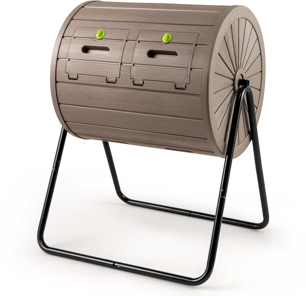 COSTWAY 142 liter trommelcompostbak, tuincompostbak, dubbele kamer, 360° draaibaar, compostcentrifuge met 2 afsluitbare deuren, snelcomposter van PP en metaal, voor tuin balkon, 70 x 63 x 92 cm (koffie)