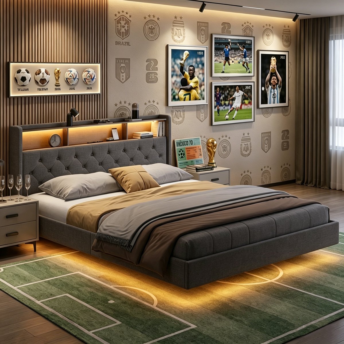 Bealife AF19 Bedframe - 160×200 cm – Gestoffeerd Tweepersoonsbed met LED-verlichting, stopcontacten, USB & Type-C Poorten en Opbergruimte – Zwevend design – Hoofdbord en lattenbodem – Donkergrijs