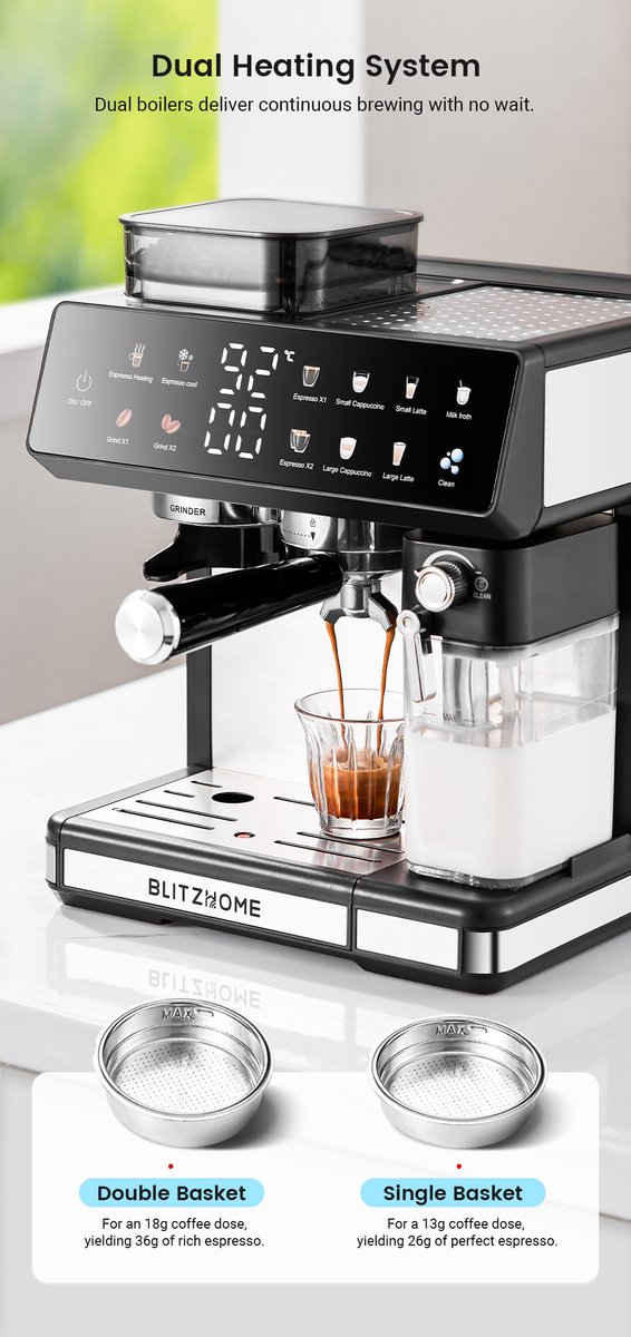 BlitzHome CM5710 Espressomachine Volautomatische met Geïntegreerde Koffiemolen, Dual Boiler, Melkopschuimer, Heet & Koud, Touchscreen Bediening, Snelle Bereiding, EU-Stekker — afbeelding 3