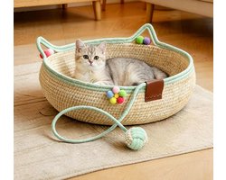 Geweven kattenmand met oortjes, roze katoenen touwmand voor binnenkatten, kleine honden en konijnen - schattige mand met pompons en speelbal