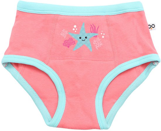 Roze oefenbroekje met blauwe bies en een zeester met koraal.