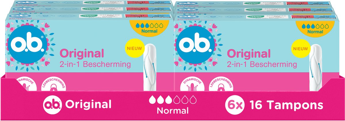 o.b. Original Dynamic Fit Normal - 2-in-1 bescherming - tampons - tampon gemiddelde tot zwaardere menstruatiedagen - 6x16 tampons