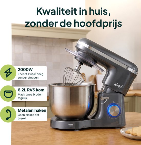 Grijze keukenmachine met 6.2L RVS kom waarin garde klopt. Iconen voor 2000W, 6.2L kom en metalen haken.