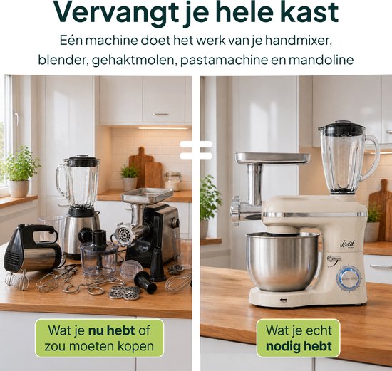 Crème keukenmixer vervangt meerdere keukenapparaten, zoals handmixer, blender en vleesmolen.