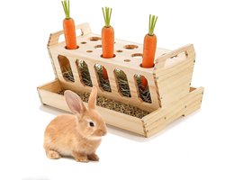Grote houten voederrooster voor konijnen met wortelhouder, ideaal voor knaagdieren en cavia's, 30 × 22 × 18 cm
