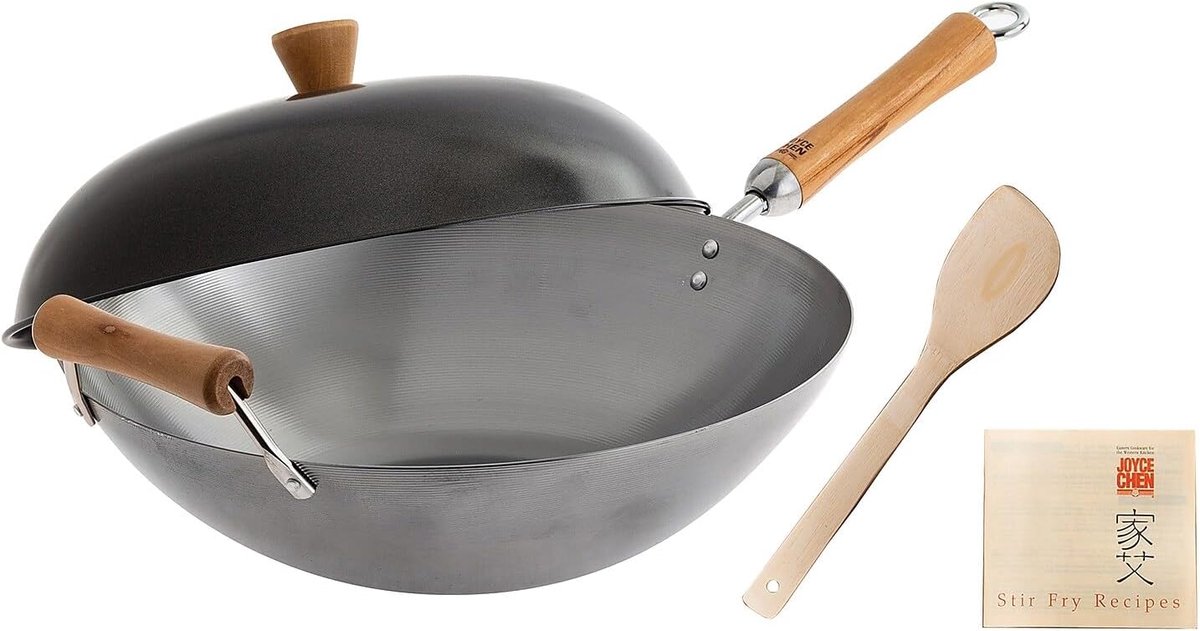 Koolstofstalen Wok Set 4-delig met Deksel en Berkengrepen