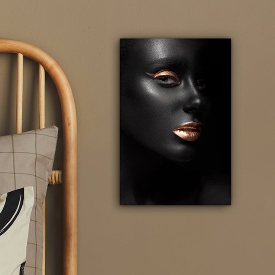 Peintures sur toile - Profil d'une femme maquillée dorée sur fond noir - 20x30 cm - Décoration murale