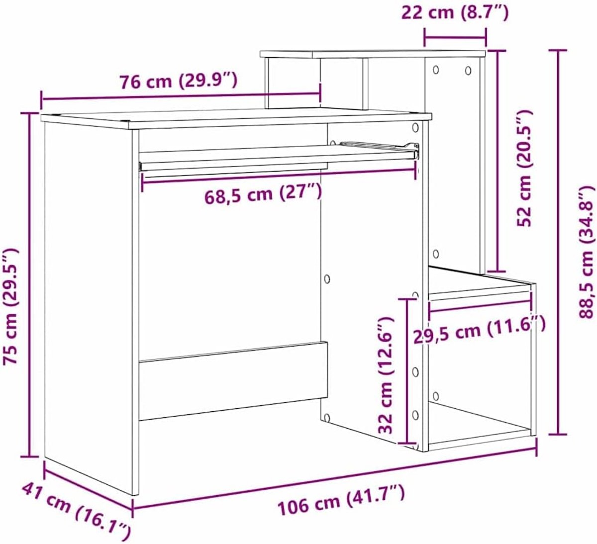 Computerbureau Met Opbergruimte - Werkstation Bureau - Thuiswerken Studeren - Industrieel Beton Grijs Design - 90 X 50 cm - Grijs thumbnail 4