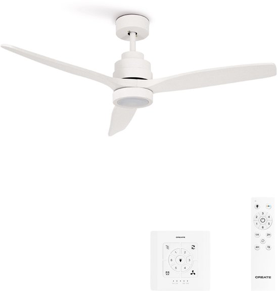 CREATE - Plafondventilator 40W silent 100% hout - Wit - Ø112cm - Met licht - Controller voor wandmontage + afstandsbediening - WIND STYLANCE