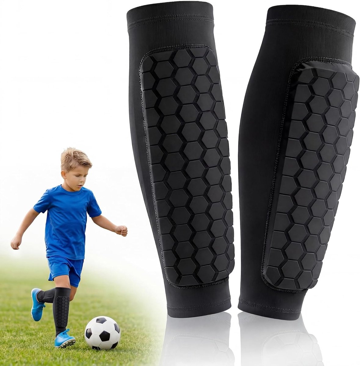 Lichte en Schokabsorberende Voetbalscheenbeschermers voor Kinderen en Tieners met Antislipband en Comfortabele Pasvorm