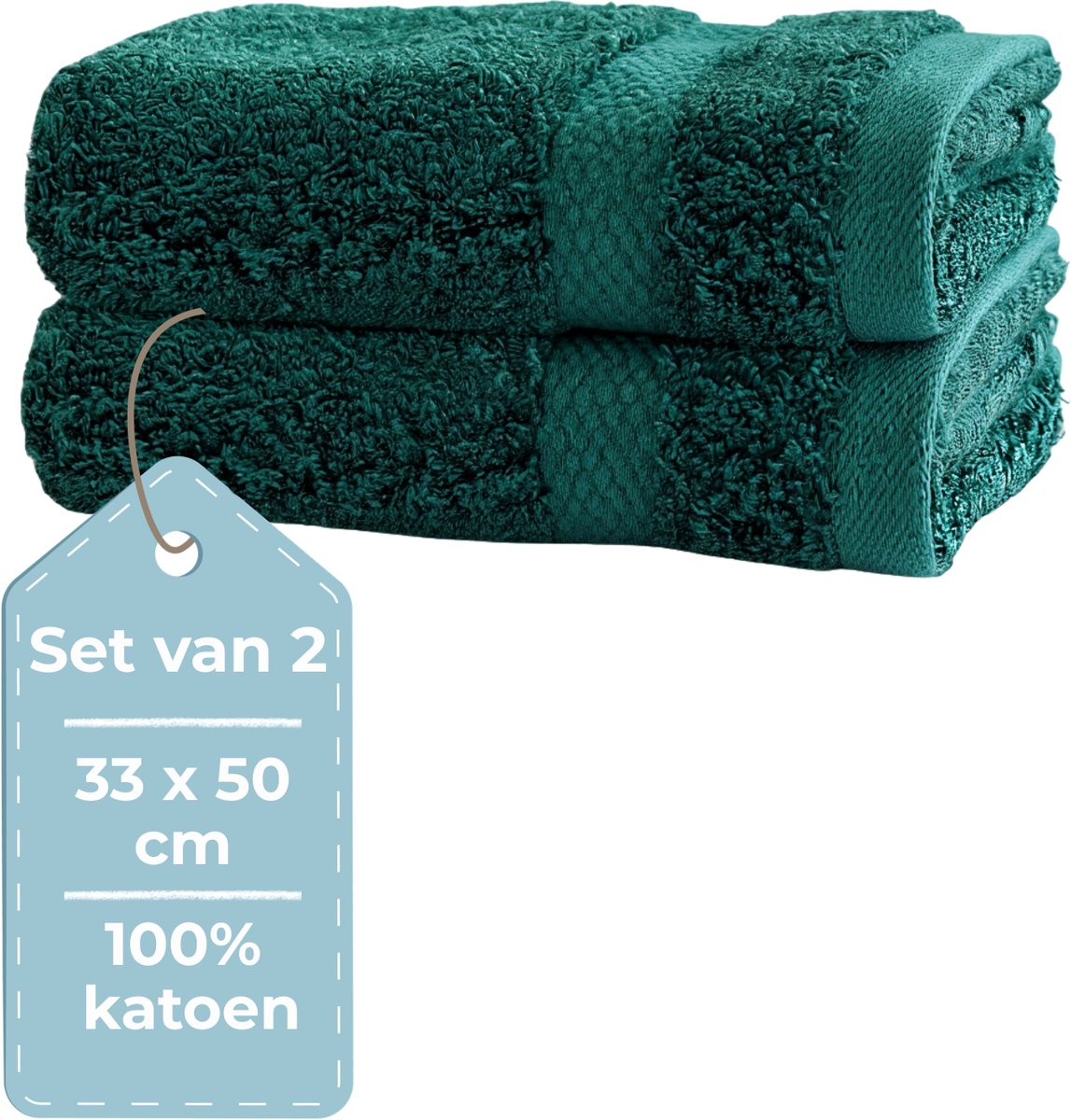 HUSH Living Gastendoek - set van 2 - 33×50 cm - 100% katoen - zware kwaliteit 500g/m2 - stijlvol boord en ophanglus - donkergroen