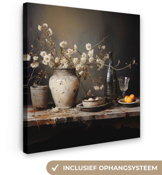 Canvas schilderij 50x50 cm - Stilleven met bloemen - Kamer decoratie accessoires - Schilderijen woonkamer - Wanddecoratie slaapkamer - Muurdecoratie keuken - Wanddoek interieur binnen - Woondecoratie huis - Bloemen schilderij