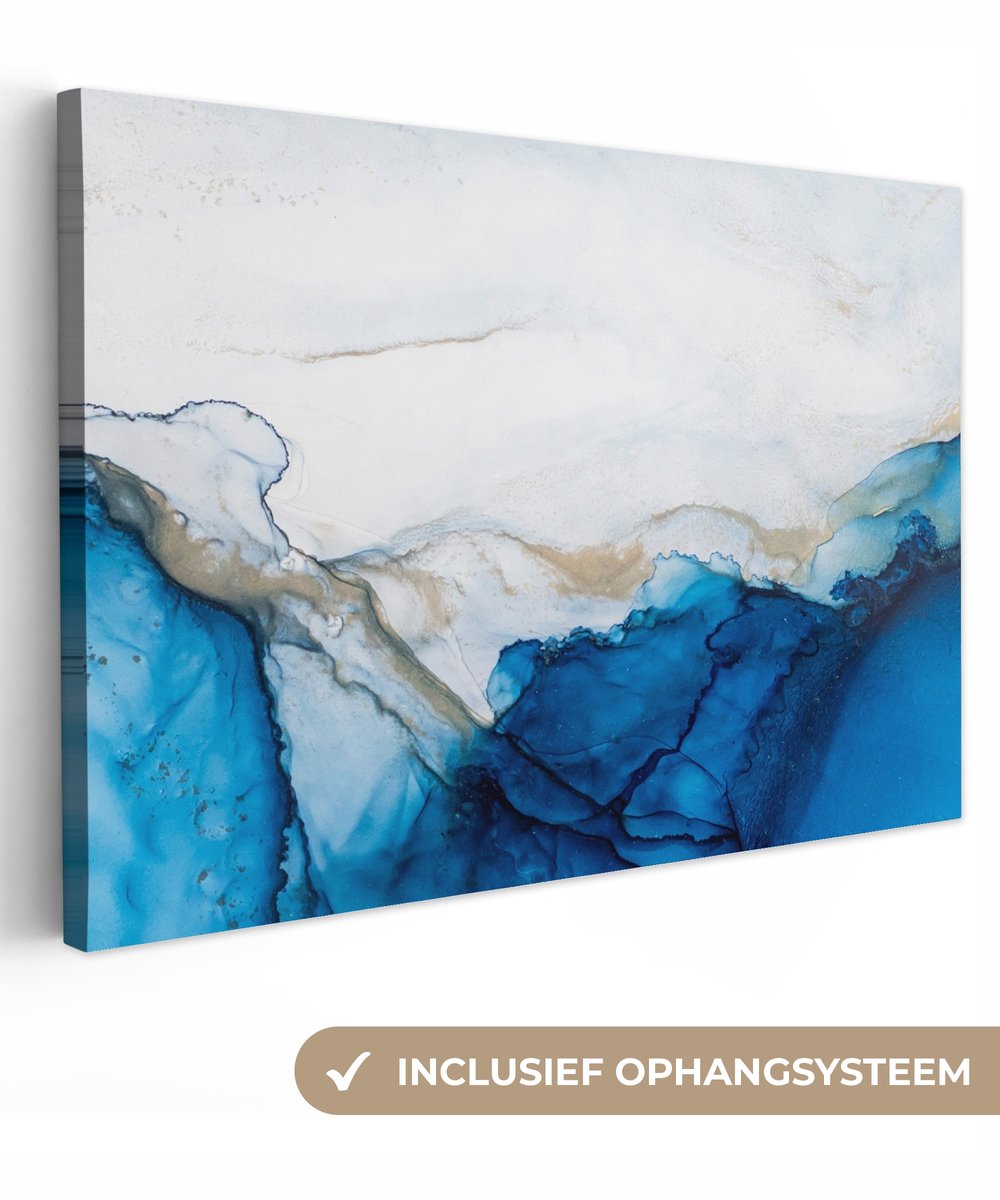 Canvas schilderij 30x20 cm - Wanddecoratie badkamer Watercolor - Blauw - Abstract - Kunst