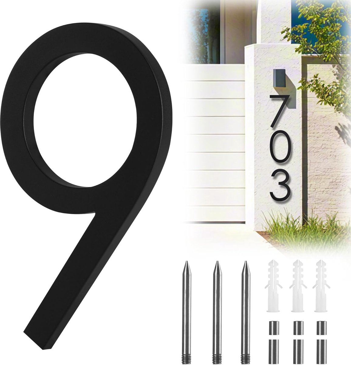 Groot Huisnummer - Adrescijfer Buiten - Huisnummer Zichtbaar - Drijvende Montage - 9 Inch Hoog - Mat Zwart
