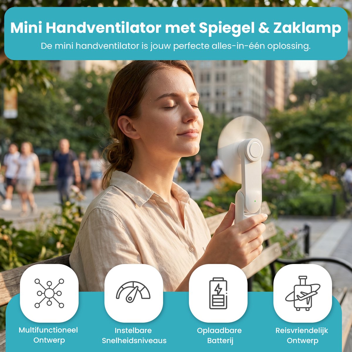 Twenty4seven® Mini Handventilator met Spiegeltje en Zaklamp - Draagbare Ventilator Oplaadbaar - Waaier Handwaaier - Tafelventilator Draadloos Wit - Hand Fan met 3 standen — afbeelding 5